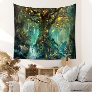 Bohemian forest tapestry with glowing tree and waterfall hanging in a bedroom
