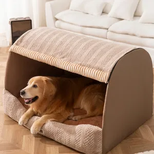 Semi-enclosed drawer pet bed with brown plush cushion for golden retriever deep sleep