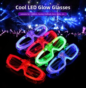 Detail view of five assorted neon LED EL wire party glasses for concerts and events