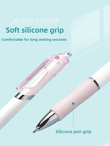 Detail of macaron pink soft silicone grip and metal tip on retractable gel pen