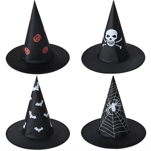Halloween witch hats set featuring pumpkin, skull, bat and spider web patterns