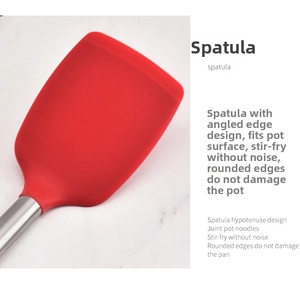 Close-up of red silicone spatula head with beveled edge for non-stick cookware