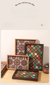 Macro detail of Bohemian wooden tray featuring colorful mandala tile patterns and textures