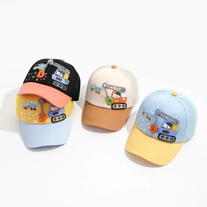 Kids breathable mesh baseball caps with colorful cartoon truck designs for summer