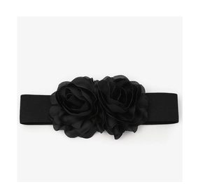 Close-up of black elastic belt featuring two large layered 3D fabric flower ornaments