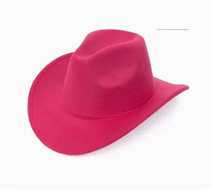 Detail view of the rose red wide brim wool felt jazz hat with a classic top indentation