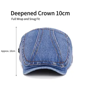 Vintage blue denim beret cap with contrast stitching and deep fit 10cm depth design