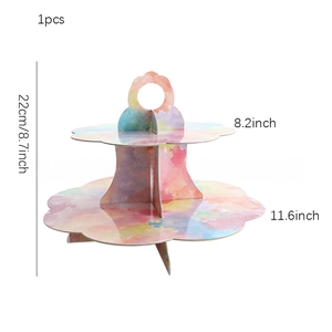 Two-tier watercolor paper cupcake stand with wave edges and ring handle for party decor