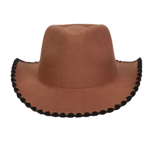 Detail of brown wool fedora hat featuring black wavy stitching on the curved brim edges