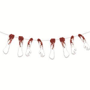 Bannière d'Halloween avec mains coupées sanglantes et paillettes rouges pour déco horreur