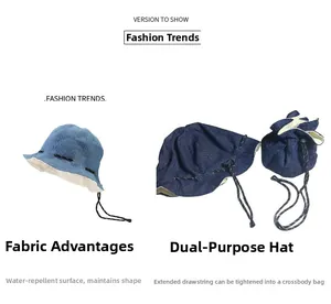Detail of waterproof denim bucket hat transforming into a functional drawstring crossbody bag