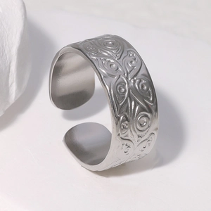 Vintage silver Evil Eye stainless steel open ring with detailed relief on stone base