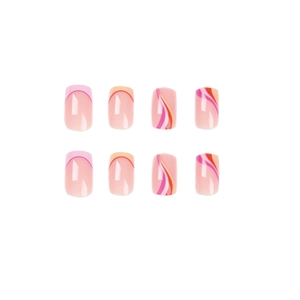Faux ongles French avec motifs vagues orange et rose sur pointes carrées brillant
