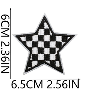Close-up of black and white checkered star embroidery patch with 6.5cm size markings