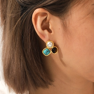 Stainless Steel Stud Earrings With Artificial Pearl Turquoise And Tiger Eye Stone French Vintage Retro Style Gold Plated