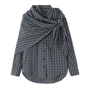 Plaid Blouse Long Sleeve Button Up Shirt With Scarf Tie Detail Fashion Casual Navy White Grid Top For Women