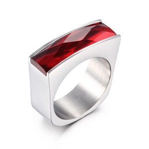Modern wide silver titanium steel ring featuring a rectangular red faceted gemstone