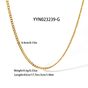 Detail view of 0.4cm 18K gold plated stainless steel snake chain necklace with dimensions