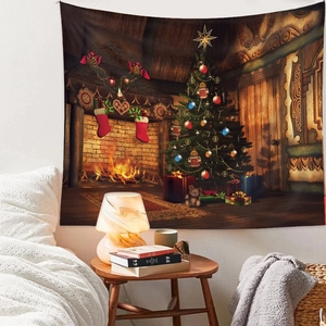 Detailed digital print of festive Christmas tree and cozy fireplace on wall tapestry