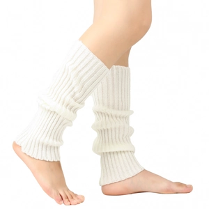 Detailed view of cream knit leg warmers showing chunky rib texture and soft warm fabric