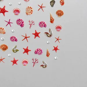 3D embossed ocean theme nail stickers featuring shells, starfish and coral motifs