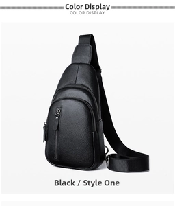 Dettaglio borsa da petto in vera pelle nera con tre tasche anteriori funzionali con zip