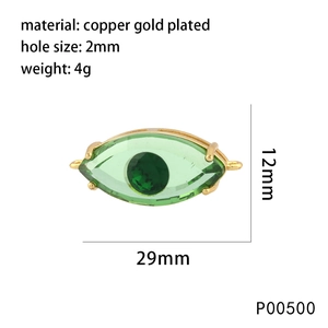 Evil eye jewelry connector in gold plated copper with green faceted stone 29mm