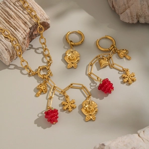 Mushroom Berry Flower Necklace And Earrings 18K Gold Plated Stainless Steel Asymmetric Hypoallergenic Jewelry For Women