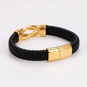 Bracelet pour homme en cuir tressé noir avec fermoir magnétique doré en acier inoxydable