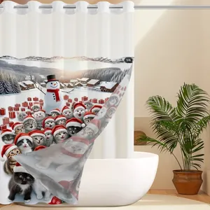 Detail of Christmas shower curtain with metal grommets and cats in snowy town print