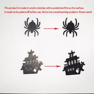 Halloween acrylic spider and castle charms with protective film showing glossy black finish