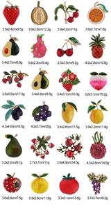 Detailed grid of 24 colorful fruit enamel pins with precise dimensions and weight