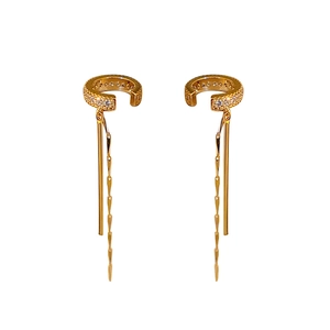 Elegant gold plated C-shaped ear cuffs with zircon tassel dangles in a minimalist style