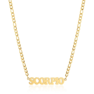 Macro shot of gold-plated stainless steel Scorpio zodiac necklace with high-polish finish