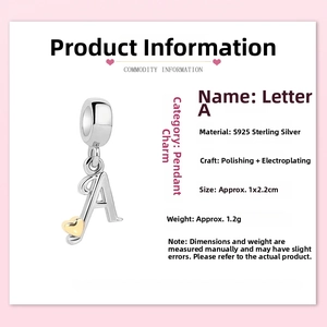 Detailed specs of S925 sterling silver letter A charm with gold heart accent