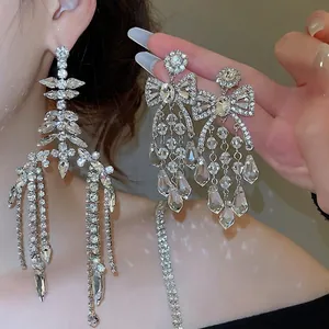 Shiny Rhinestone Tassel Earrings With 925 Sterling Silver Earring Post For Women Elegant Geometric Bow Leaf Jewelry