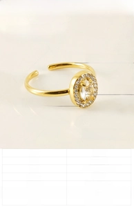 Detail view of 18K gold plated stainless steel ring with zircon stone and size specs