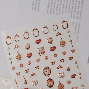 5D embossed vintage pig and puppy nail art stickers with metallic rose gold retro motifs