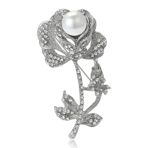 Vintage silver rose flower brooch with sparkling crystals and a pearl for elegant outfits