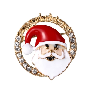 Retro Christmas brooch with Santa Claus, gold ring, white rhinestones and red enamel hat