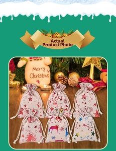 Set of six linen Christmas drawstring gift bags with festive reindeer and star patterns