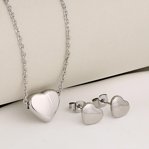 Silver minimalist heart necklace and stud earrings set in polished stainless steel