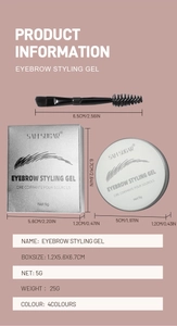Detailed dimensions of eyebrow styling gel jar with dual-ended brush and packaging box