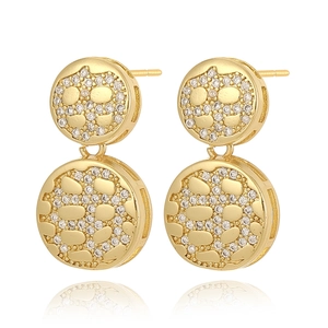 Exquisite geometric double-circle drop earrings with pavé zircons in 18K gold plating
