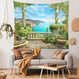 Detailed close-up of a Mediterranean landscape tapestry on a white living room wall