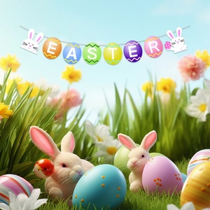 Close-up of colorful Easter banner with glitter letters and bunnies in a garden
