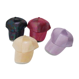 Sparkly sequin baseball caps in blue, pink, and gold on white background