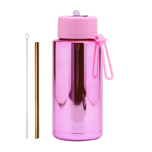 Pink electroplated stainless steel 1L tumbler with golden straw and cleaning brush set