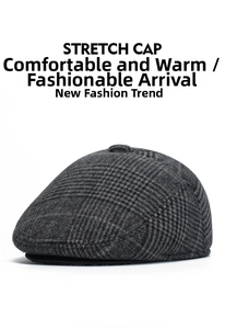Detailed view of the dark grey plaid pattern on the woolen winter flat cap for elderly men