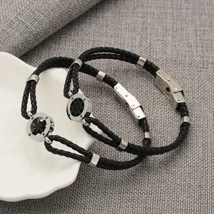 Braided leather bracelets with stainless steel anchor and compass charms for men